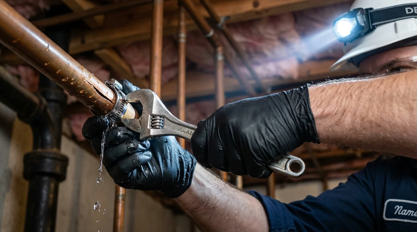 Emergency pipe clamp repair being performed by a Johns Plumbing LLC plumber in Clay